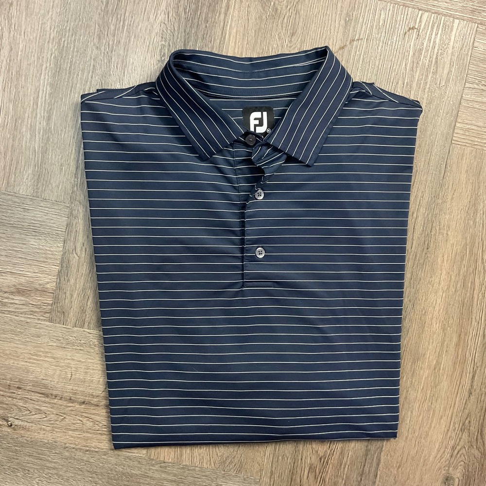 FootJoy Striped Performance Golf Tennis Polo Shirt Mens XXL Navy Blue White Logo